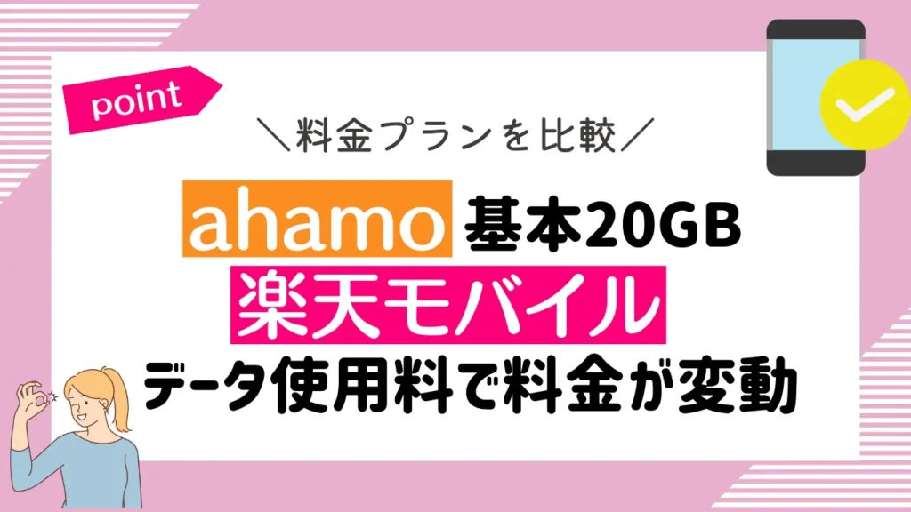 料金プランを比較：ahamoは基本20GBで、楽天モバイルは1プランだがデータ使用料で料金が変動