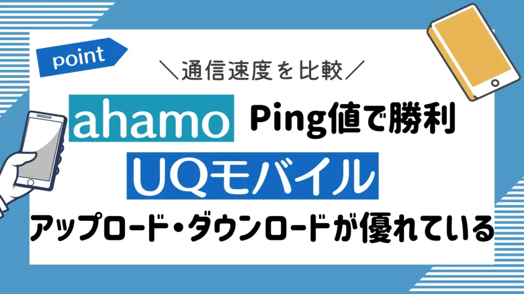 通信速度を比較：ahamoはPing値で勝利しており、UQモバイルはアップロード・ダウンロードが優れている