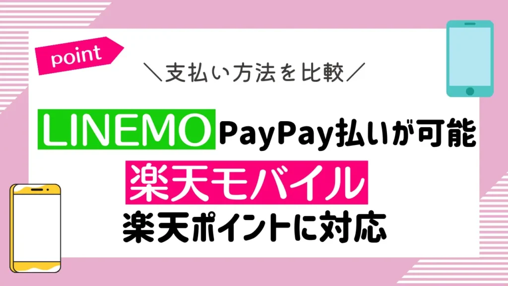 支払い方法を比較：LINEMOはPayPay払いが可能で、楽天モバイルは楽天ポイントに対応