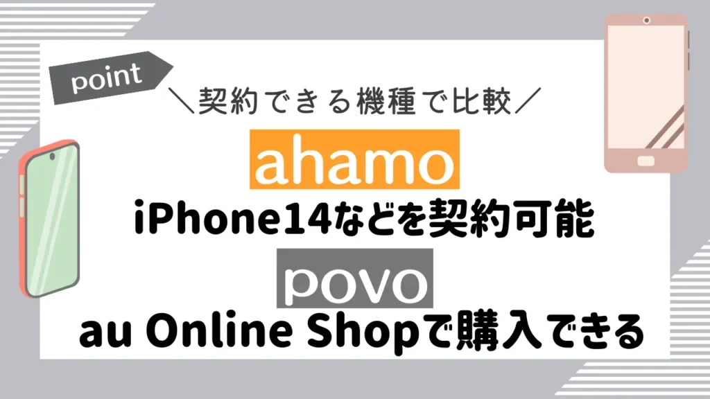 契約できる機種で比較：ahamoはiPhone14などを契約可能で、povoはau Online Shopで購入できる