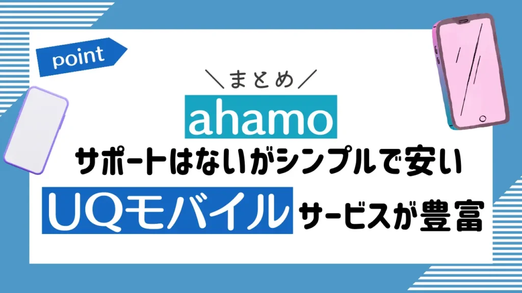 まとめ：ahamoはサポートはないがシンプルで安く、UQモバイルはサービスが豊富