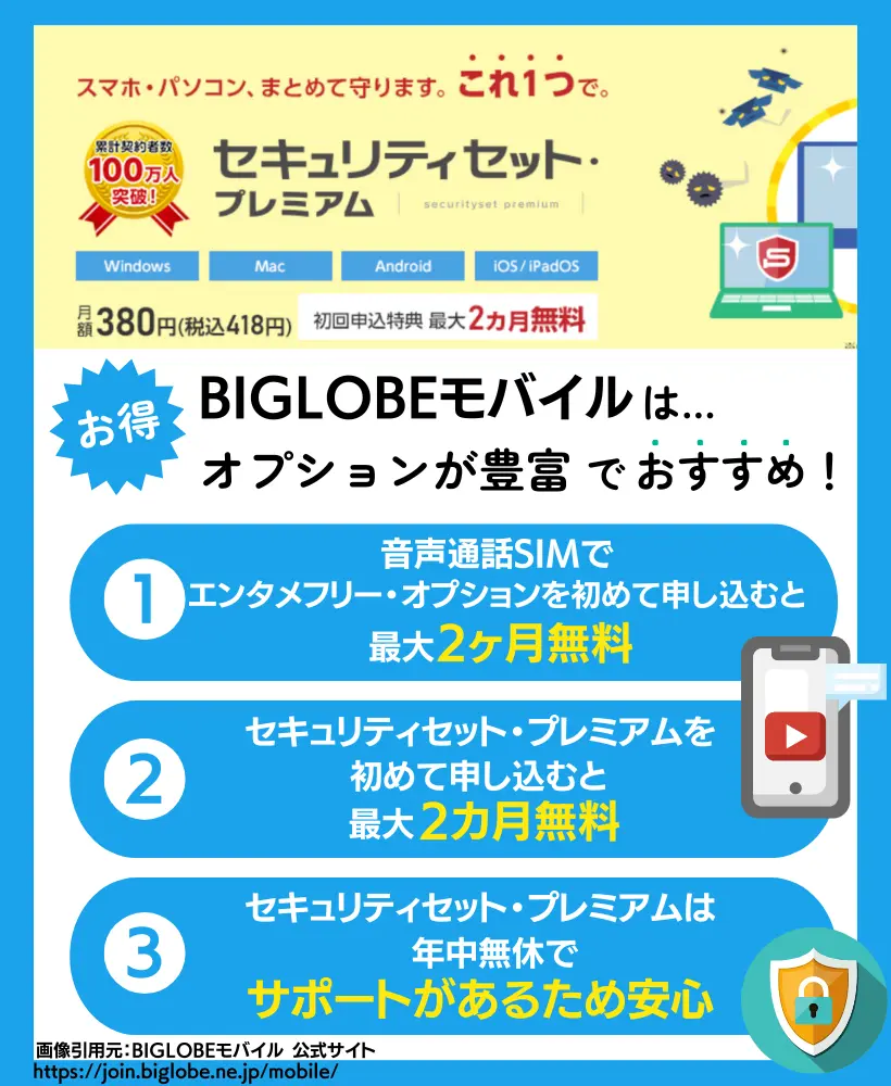 BIGLOBEモバイルのキャンペーン｜オプションが最大2カ月間無料で利用可能