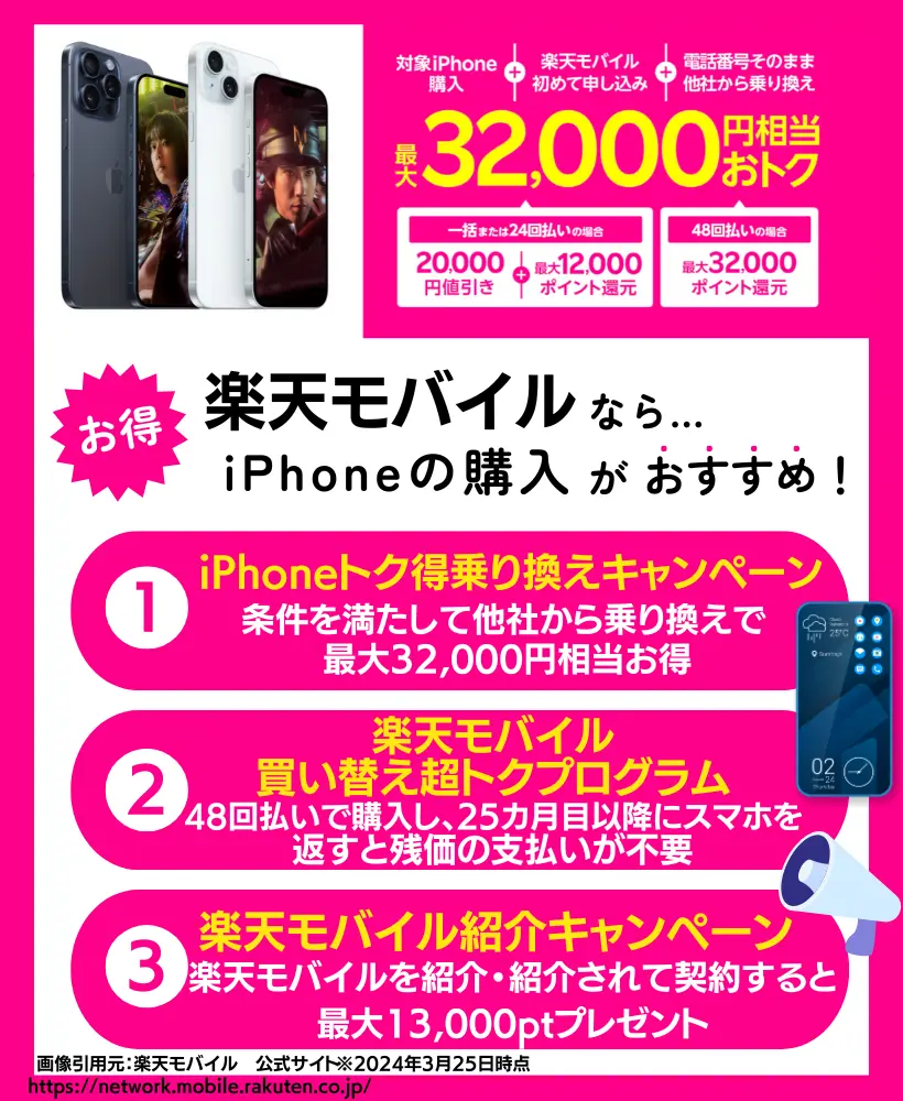 楽天モバイルでiPhone15をお得に購入できるキャンペーン