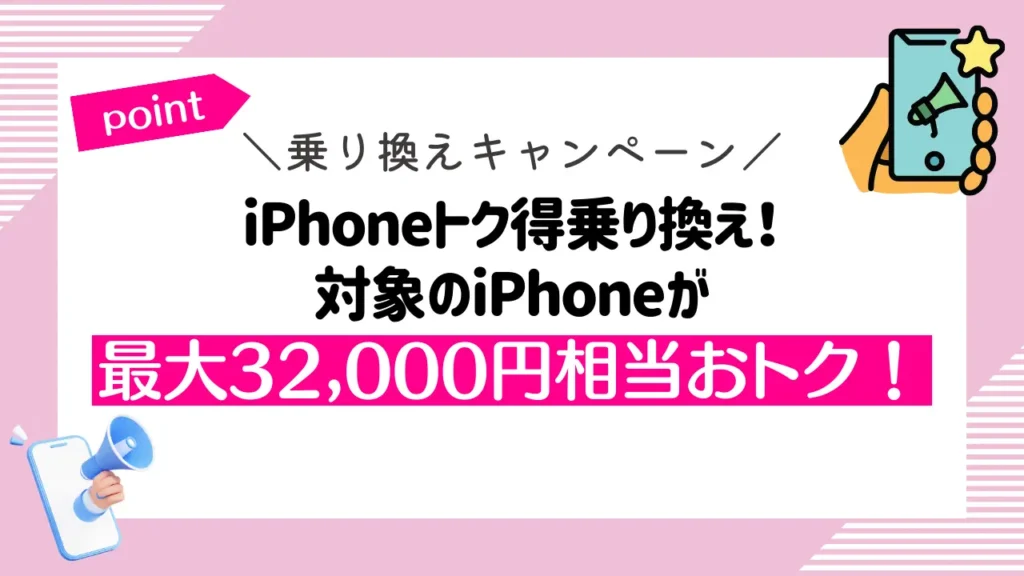 iPhoneトク得乗り換え！対象のiPhoneが最大32,000円相当おトク！｜複数キャンペーン利用でお得になる
