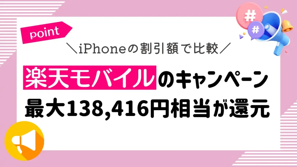 iPhoneの割引額で比較｜楽天モバイルのキャンペーンで最大138,416円相当が還元
