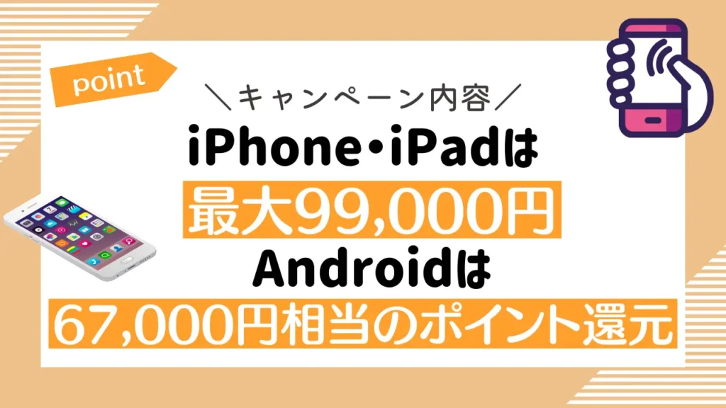 キャンペーン内容：iPhone・iPadは最大99,000円、Androidは67,000円相当のポイント還元
