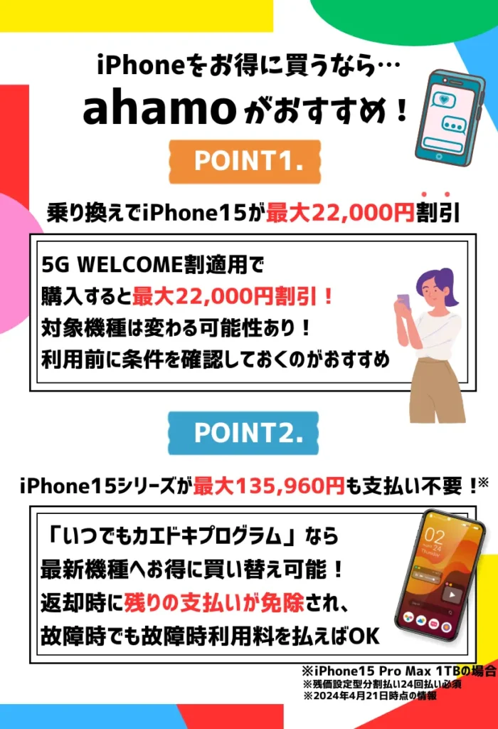 ahamoに乗り換えでiPhone15が最大22,000円割引！15シリーズが最大135,960円も支払い不要