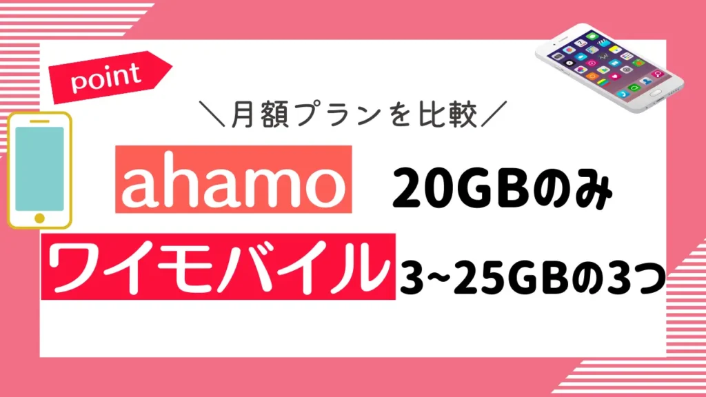月額プランを比較：ahamoは20GBのみで、ワイモバイルは3〜25GBの3つ