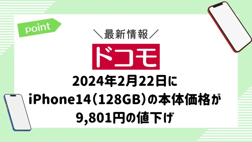 【ドコモ】2024年2月22日にiPhone14（128GB）の本体価格が9,801円の値下げ
