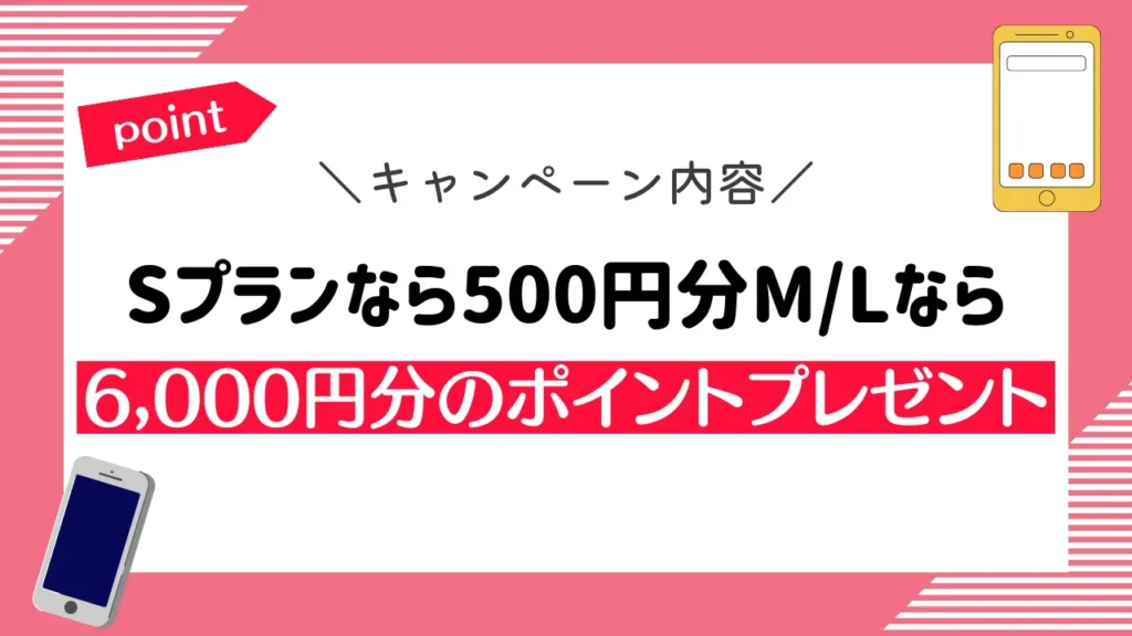 キャンペーン内容：Sプランなら500円分M/Lなら6,000円分のポイントプレゼント
