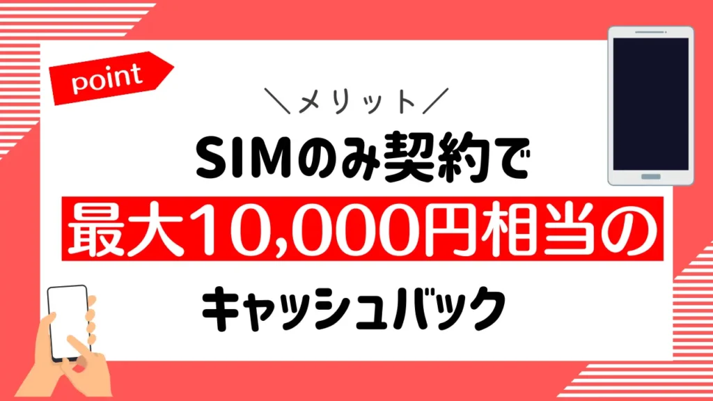 SIMのみ契約で最大10,000円相当のキャッシュバック｜スマホセット購入でも最安1円購入が可能