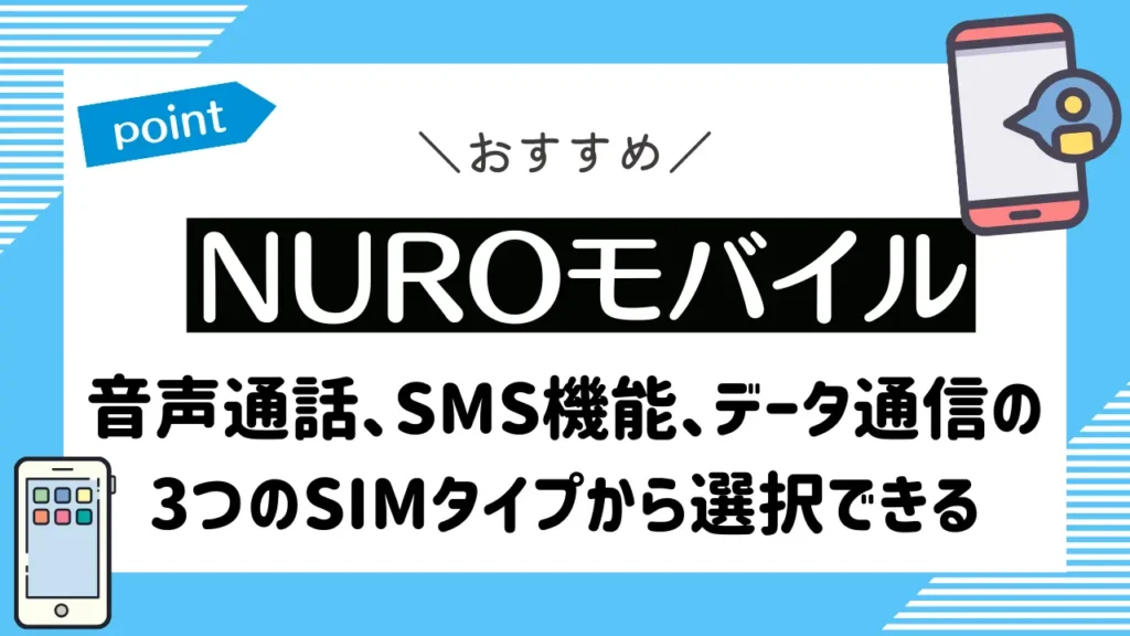 NUROモバイル｜音声通話、SMS機能、データ通信の3つのSIMタイプから選択できる