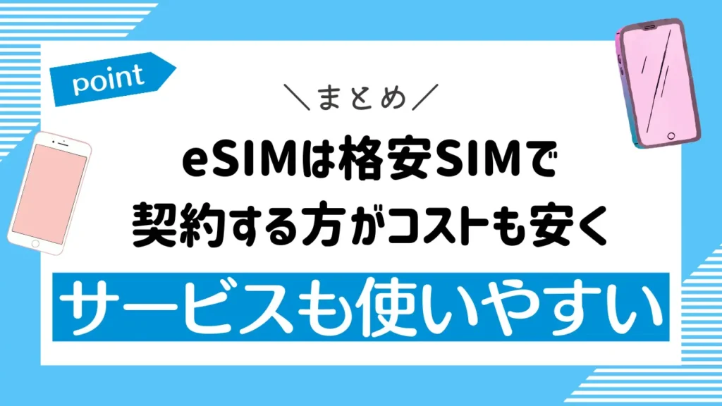 まとめ：eSIMは格安SIMで契約する方がコストも安くサービスも使いやすい

