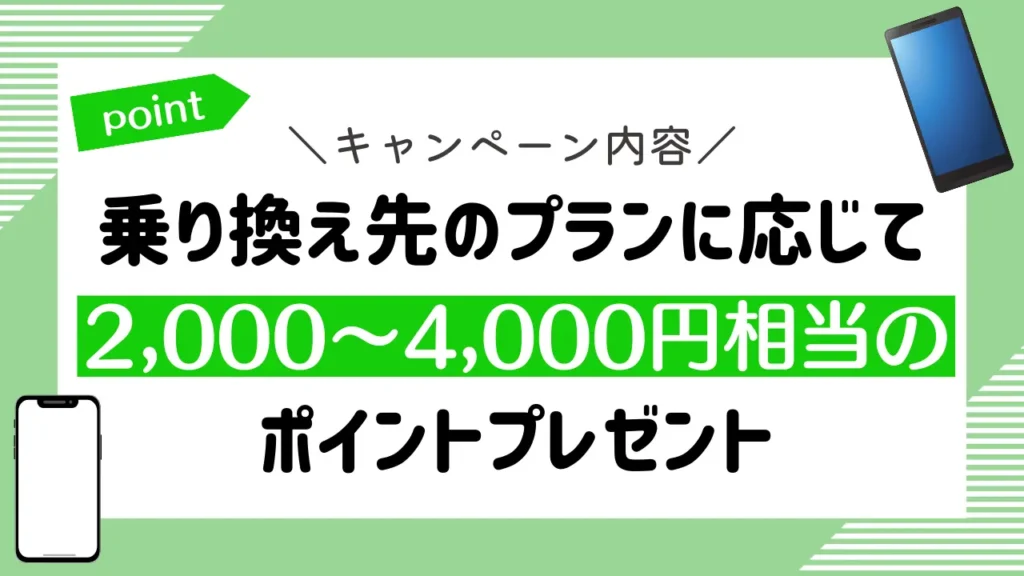 キャンペーン内容：乗り換え先のプランに応じて、2,000〜4,000円相当のポイントプレゼント
