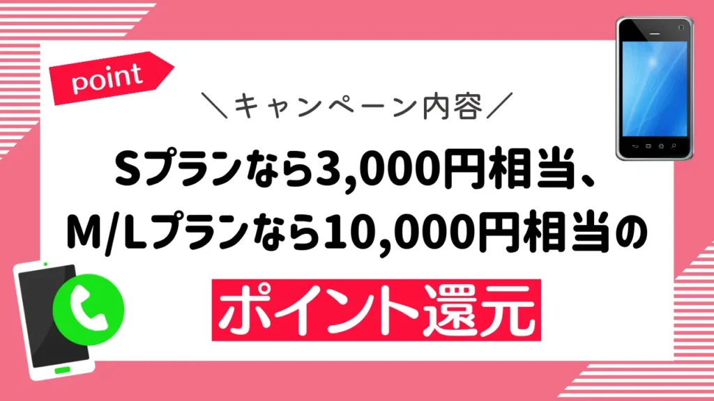 キャンペーン内容：Sプランなら3,000円相当、M/Lプランなら10,000円相当のポイント還元

