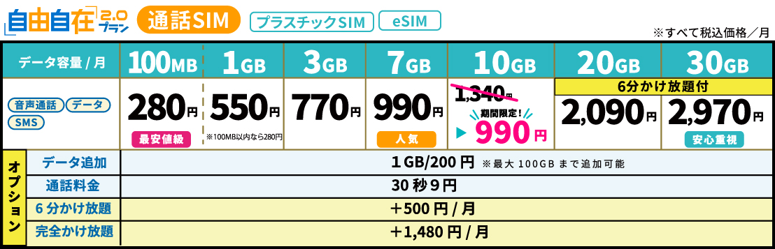 自由自在2.0プラン 料金表