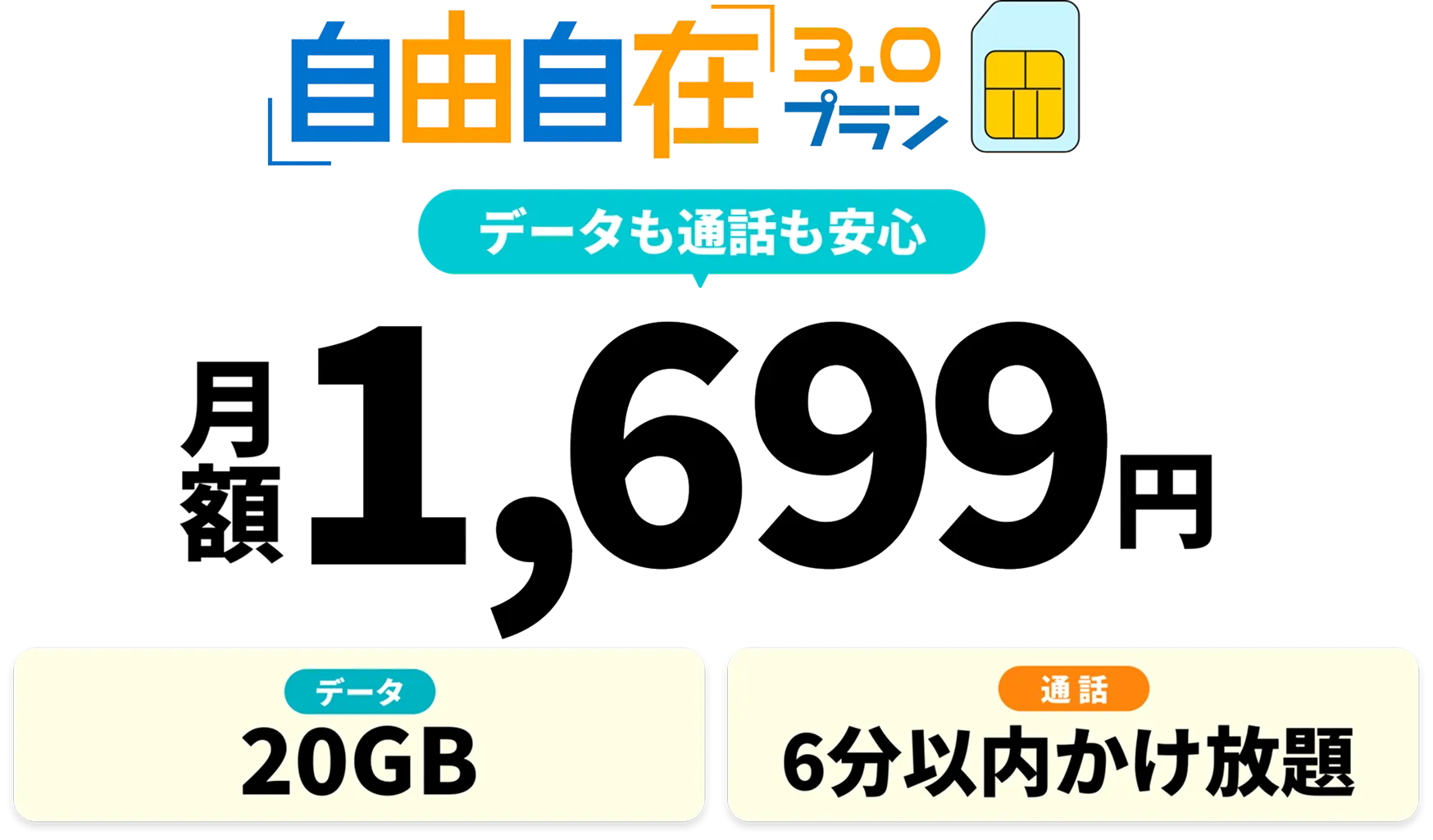 自由自在3.0プラン 業界最安値級 月額280円 データ100MB※100MB~1GBまで月額550円