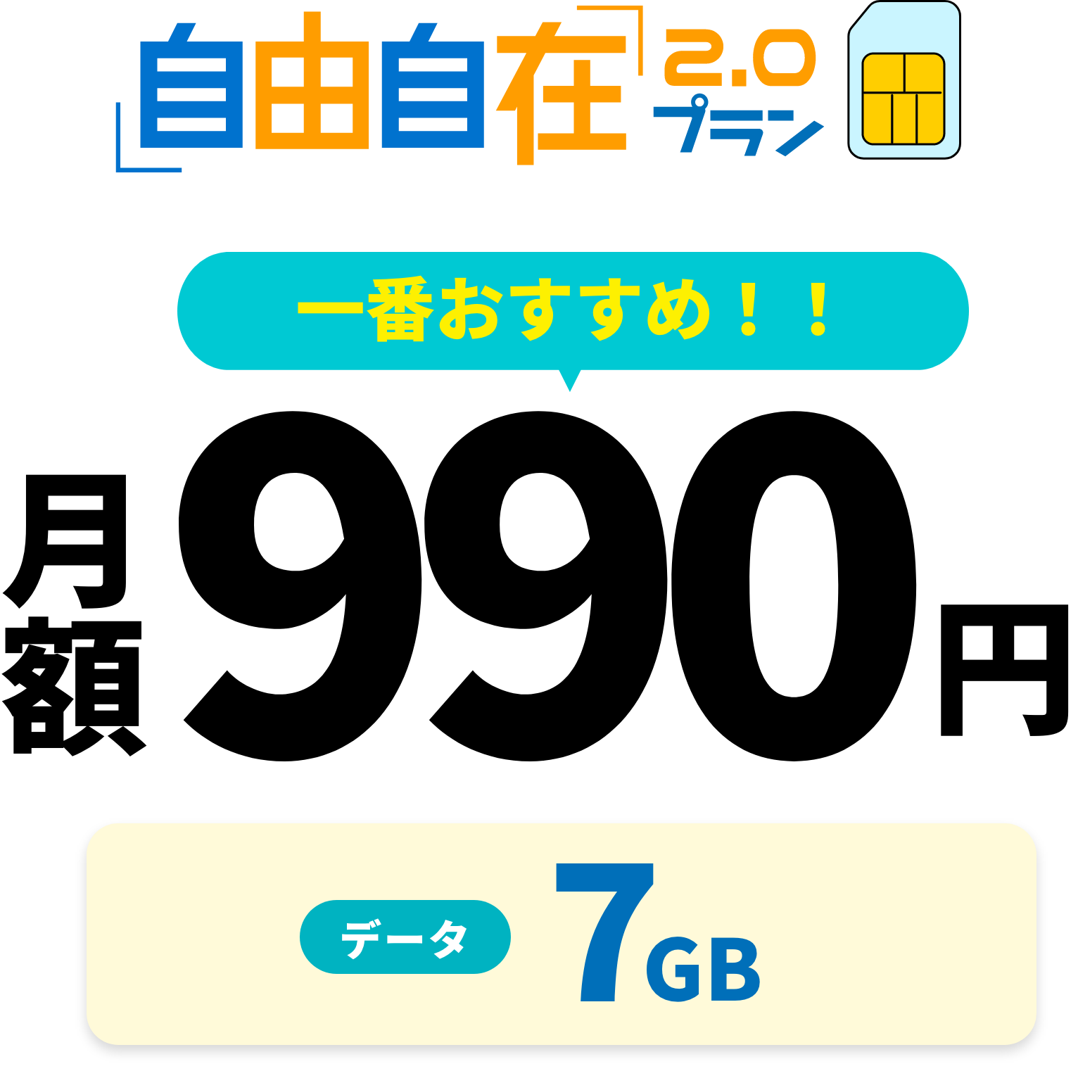 自由自在2.0プラン 一番おすすめ!! 月額990円 データ7GB
