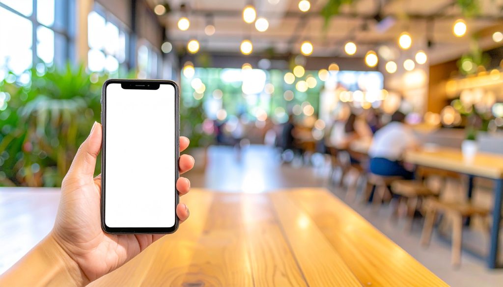 外出先でスマホを持つ人の手