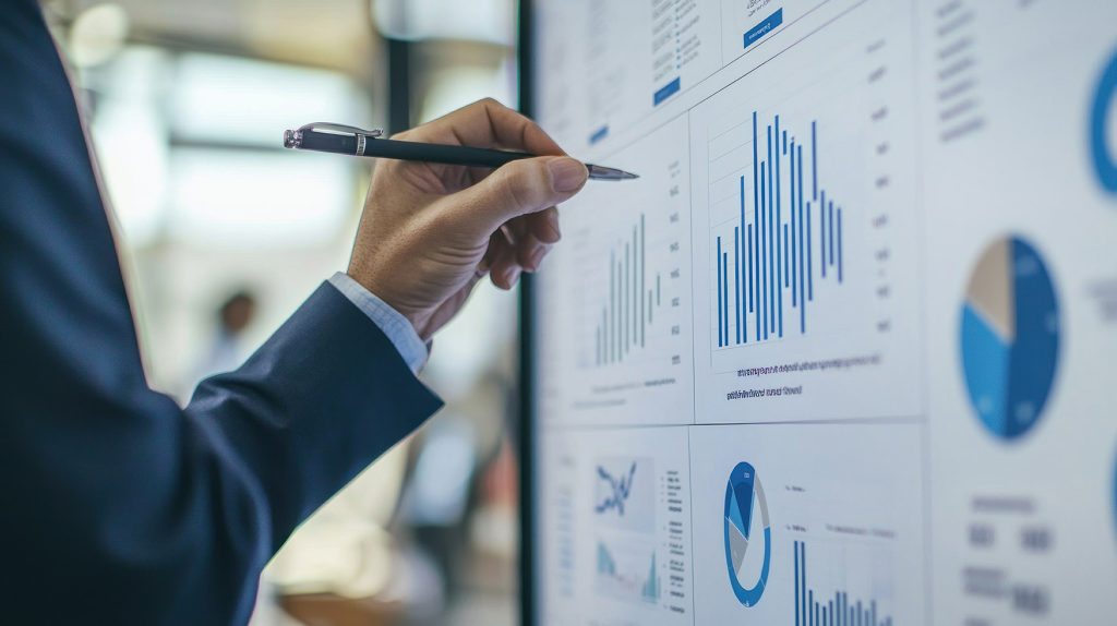 ペンを持ってモニターに映された資料を見ているビジネスマンの手元