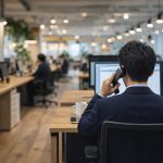 オフィスで電話を受ける男性