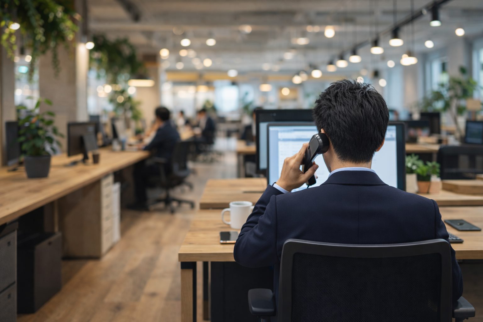 オフィスで電話を受ける男性