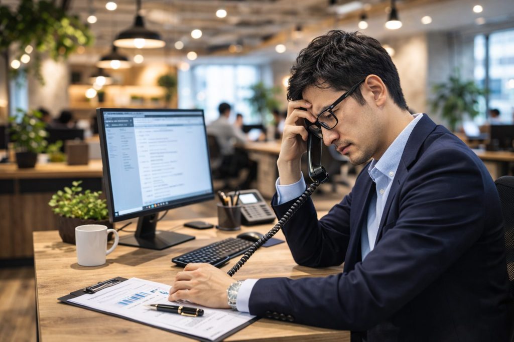 オフィスで頭を抱える男性