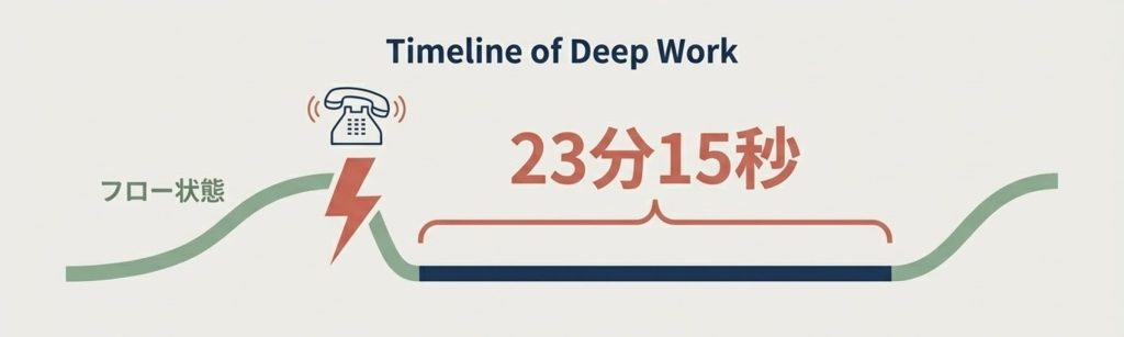 一度集中が途切れると元の状態に戻るまで23分15秒かかることを表した図