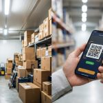 倉庫の画像とスマートフォンでQRを読み取っている画像