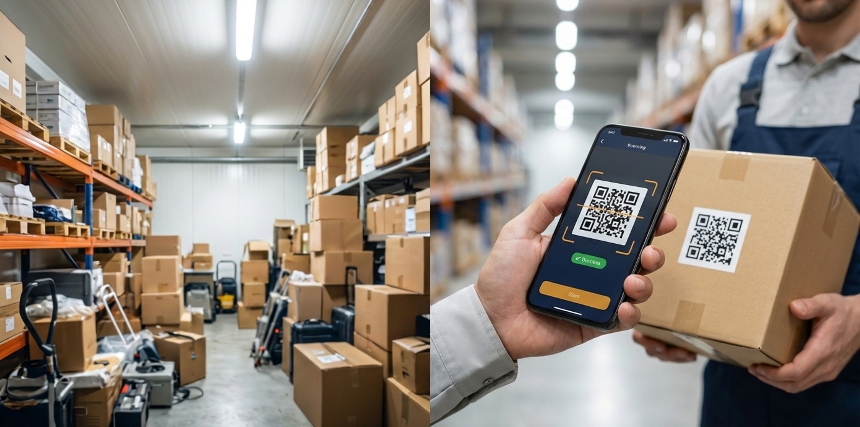 倉庫の画像とスマートフォンでQRを読み取っている画像