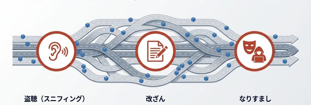セキュリティの登頂、改ざん、なりすましリスクを表した図