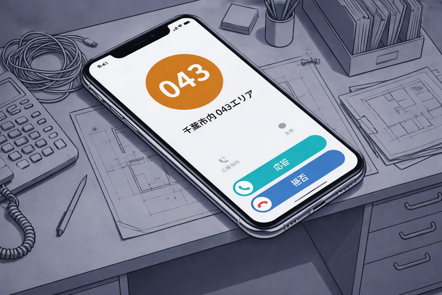 043番号が表示されたスマホ