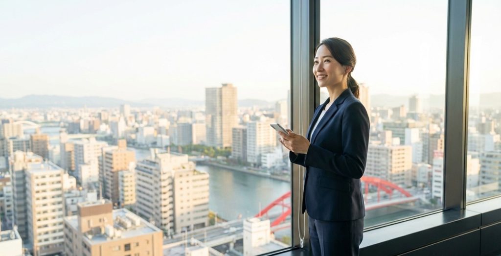 オフィスでスマートフォンを持った女性