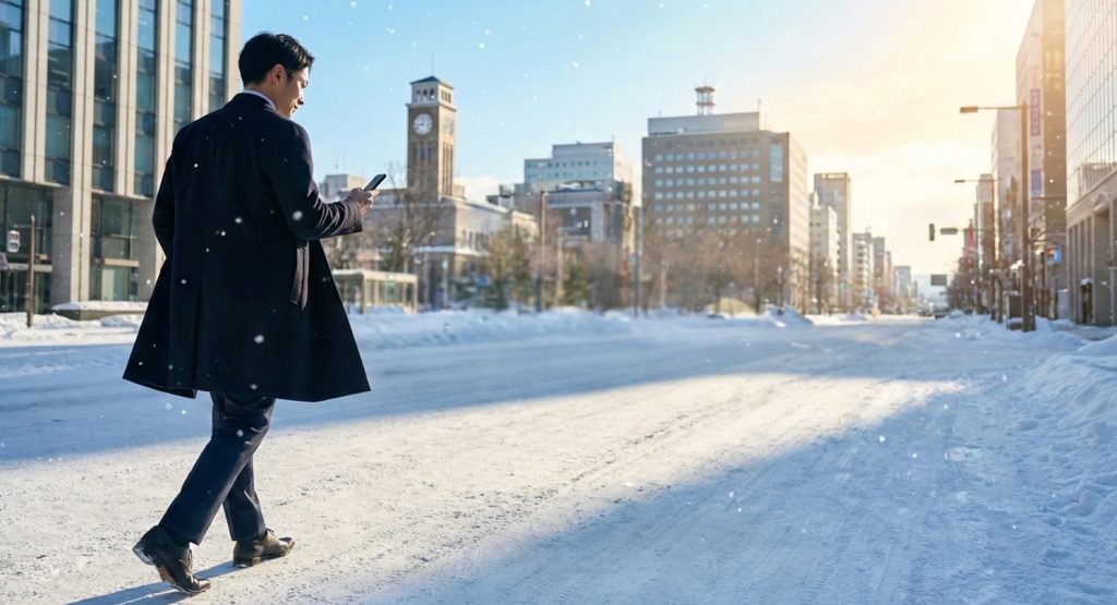 雪の街を歩くビジネスマン