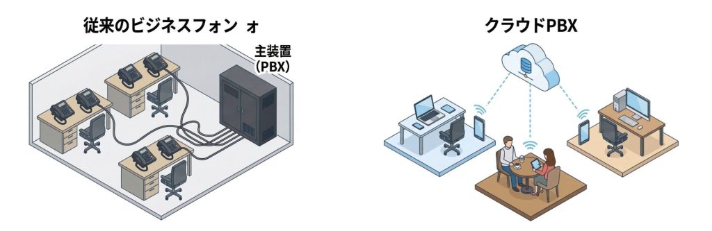 従来のビジネスフォンとクラウドPBXの比較