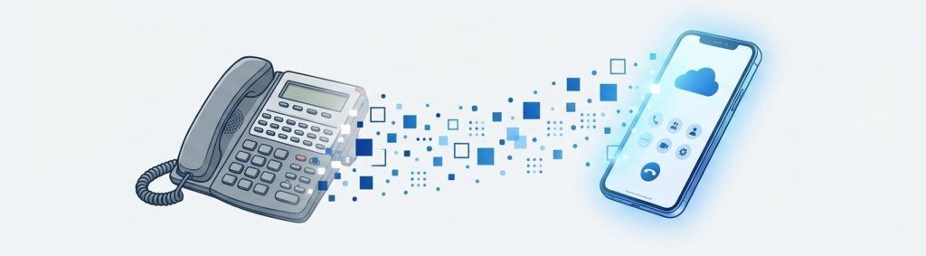 固定電話機からスマートフォンで電話を受ける時代に変化する様子