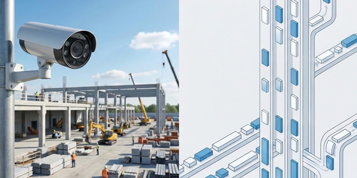 工事現場の監視カメラとデータ通信を現した図