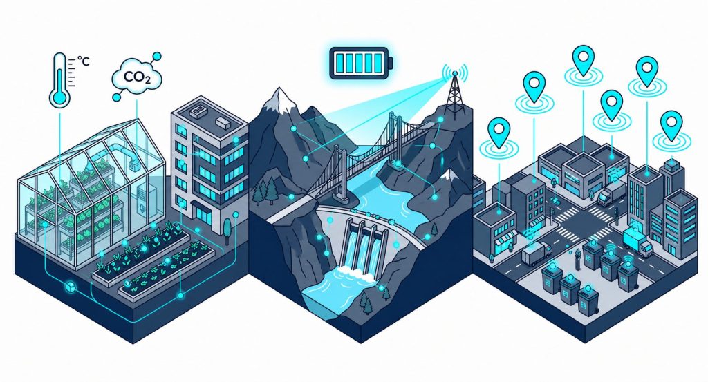 農業、インフラ、物流などのIoT通信を表したイラスト